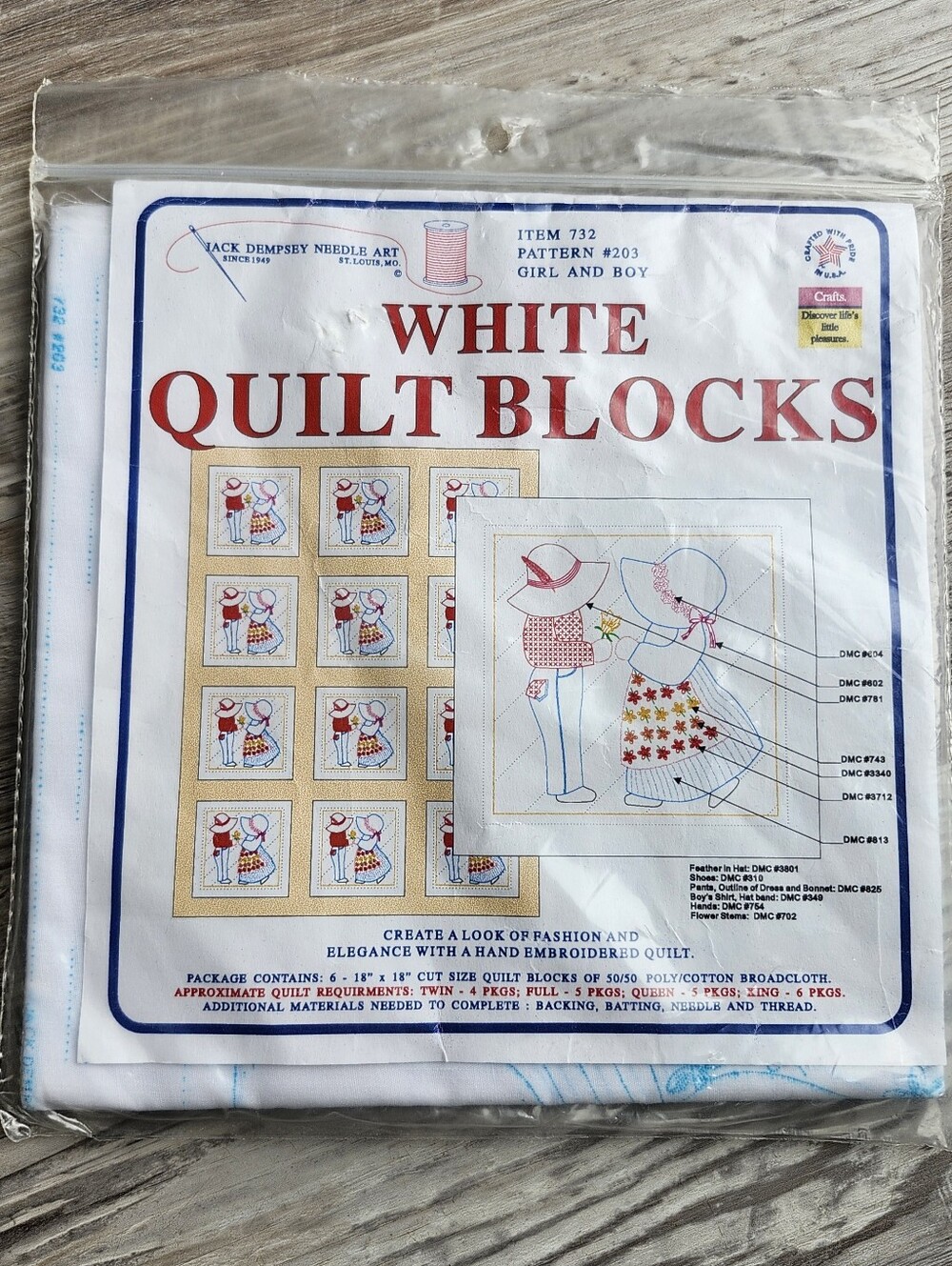 Vintage Jack Dempsey Needle Art quilt blocks embroidery kit.Pattern #203 Girl